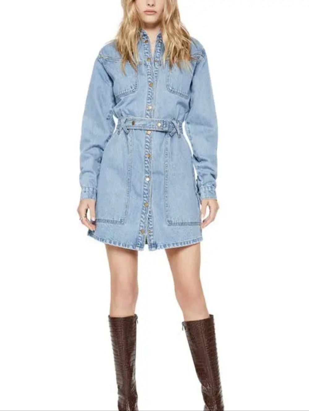 Bardot Elena Button Front Long Sleeve Mini Denim Jean Dress, Sz 10